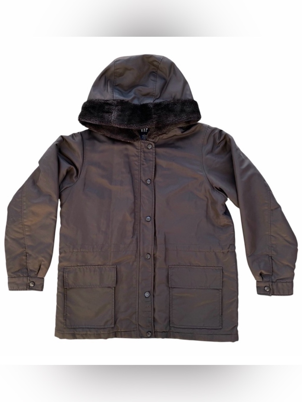 GAP Dark Chocolate Brown Hooded Faux Fur Trim Coat ~ Women’s Large